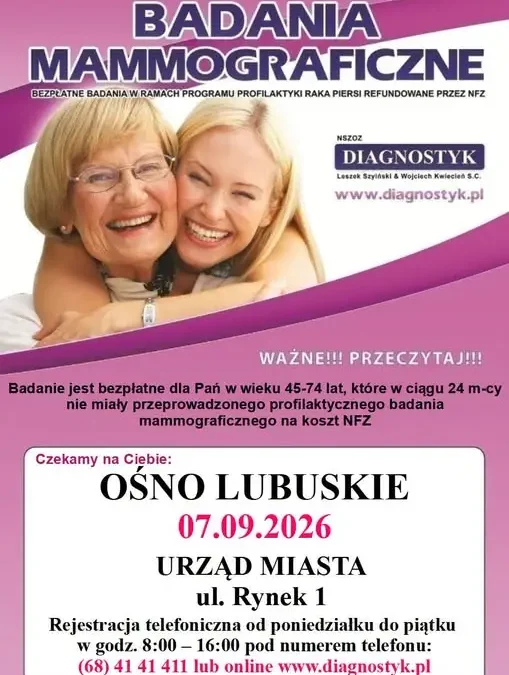 Bezpłatne badania mammograficzne w Ośnie Lubuskim – zapisy trwają