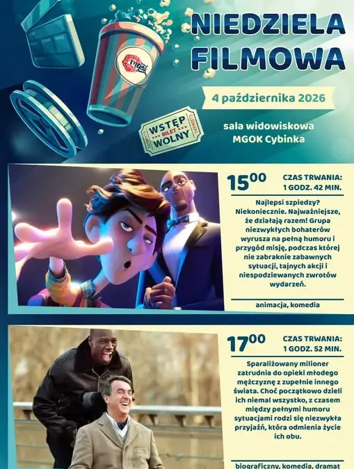 Niedziela filmowa w MGOK Cybinka – dwa seanse dla całej rodziny