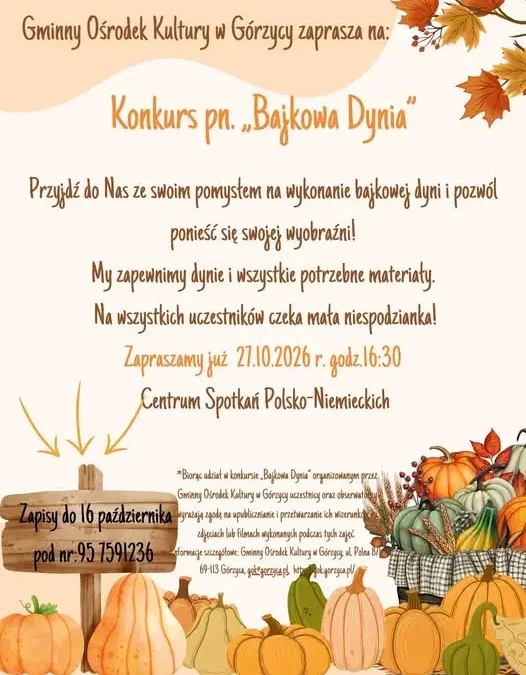 Konkurs „Bajkowa Dynia” w Gminnym Ośrodku Kultury w Górzycy – zapisy do 16 października